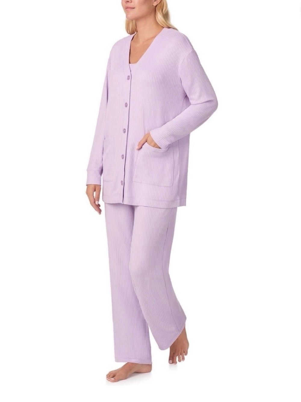Cuddl Duds Ribbed Button-Front Pajama Set in Lilac - Picture 2 of 11